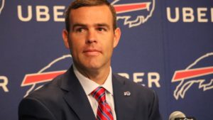Buffalo Bills general manager Brandon Beane speaking with the media