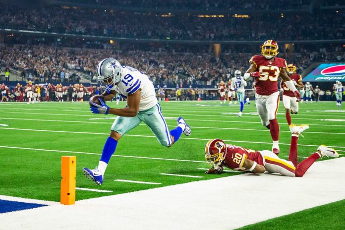 Amari Cooper, who just signed with the Dallas Cowboys, running in for a touchdown against the Washington Redskins