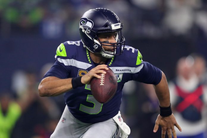 Russell Wilson playing quarterback for the Seattle Seahawks