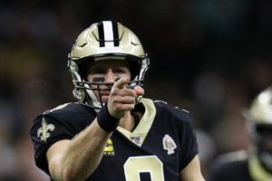 Drew Brees of the New Orleans Saints pointing after throwing a touchdown